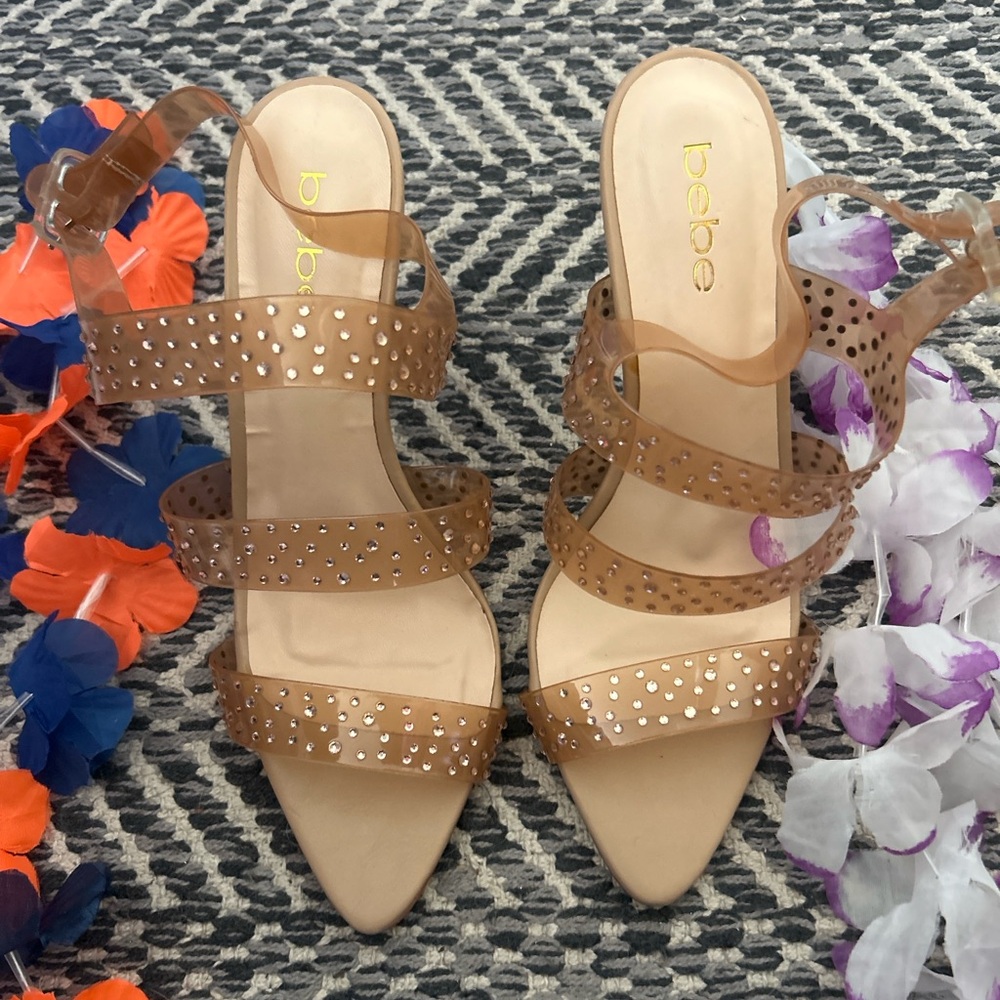 NWOT Bebe Tan Heels with Elegant Crystal Embellishments